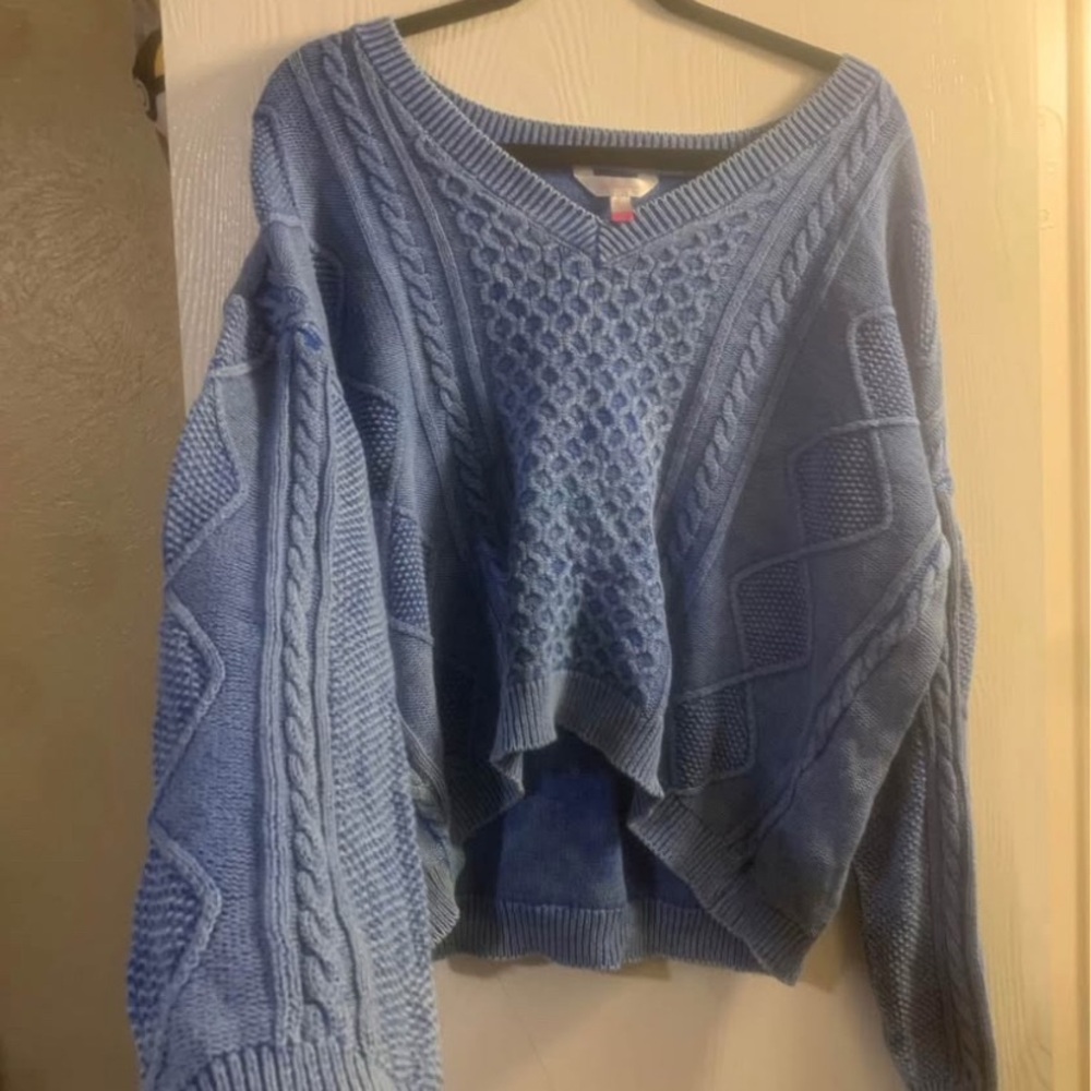 No Boundaries Blue V-Neck Cable Knit Sweater